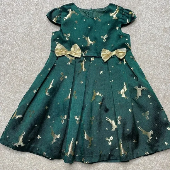 Bonnie Baby | Dresses | Bonnie Baby Green Gold Christmas Reindeer Fit And  Flare Festive Dress | Poshmark